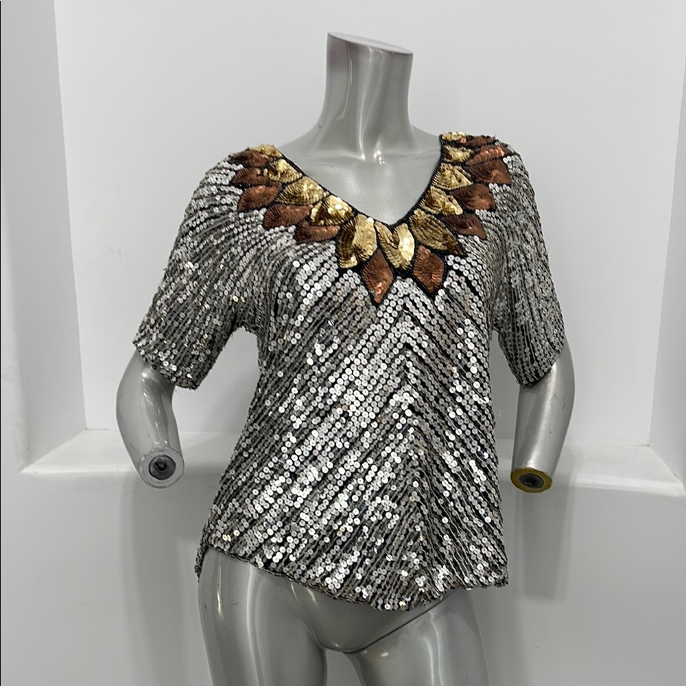 Joseph Le Bon Vintage Silver Gold Sequin Silk Blouse Top Shirt Sleeve Size S